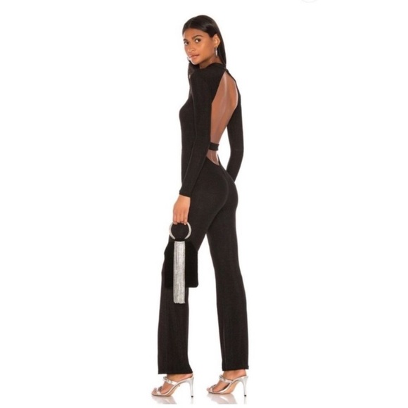 Superdown Nissa Sexy Black Lurex Open Back Mockneck Long Sleeve Jumpsuit size M - Picture 1 of 15